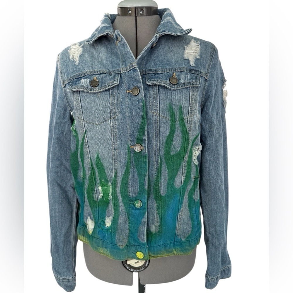 Ci Sono Upcycled Distressed Denim Jacket with Custom Green & Blue Flames Medium‎